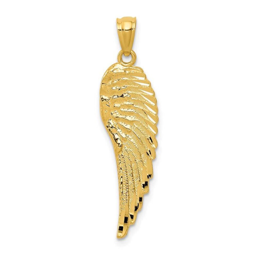 14k Yellow Gold Textured Angel Wing Pendant, 10 x 33mm